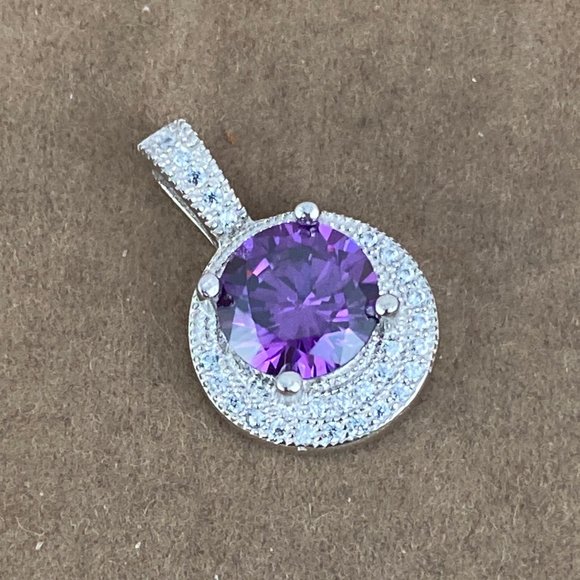 New 8.3MM Faceted Round 1CT Deep Purple Amethyst & CZ 925 Sterling Pendant - Picture 1 of 4